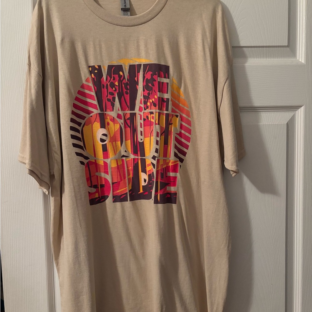 Gildan Cream and Red Short Sleeve Tee with Graphic Design